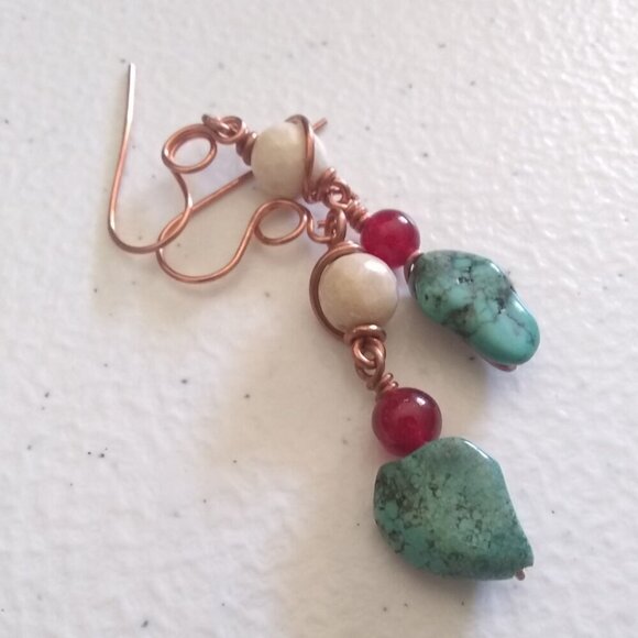 One-of-a-Kind! Beaded + Wire Wrapped Dangle Earrings! Turquoise Red Cream Copper - Picture 4 of 12